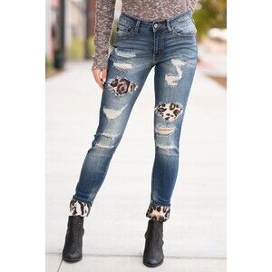 11/29 KanCan Mid-rise Leopard Patch Skinny Ripped Distressed Cropped Jeans
